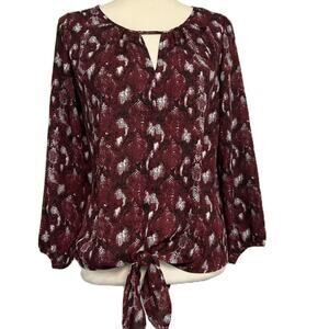 West K Women's Long Sleeve Burgundy Snake Print Casiya Tie Front Blouse Top NWOT